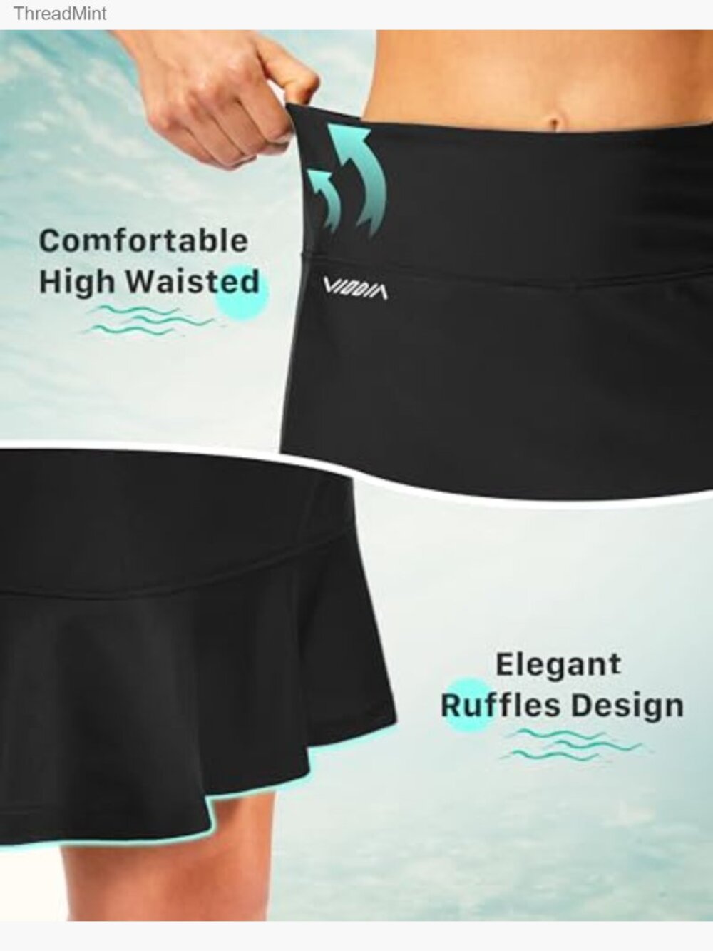 20" Long Swim Skirt High Waisted Ruffle Skort Modest Knee Length Bottoms - Picture 6 of 7